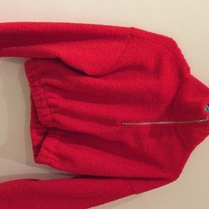 Red Fuzzy quarter zip cropped sweater.